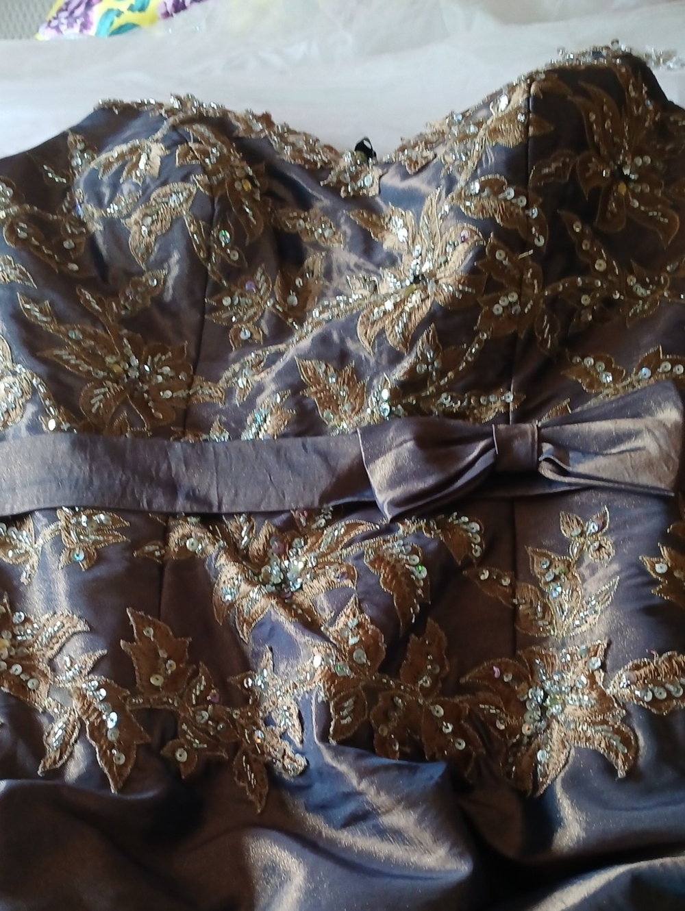 Precious Formals Strapless Brown and Gold Embroidered Sequin Gown